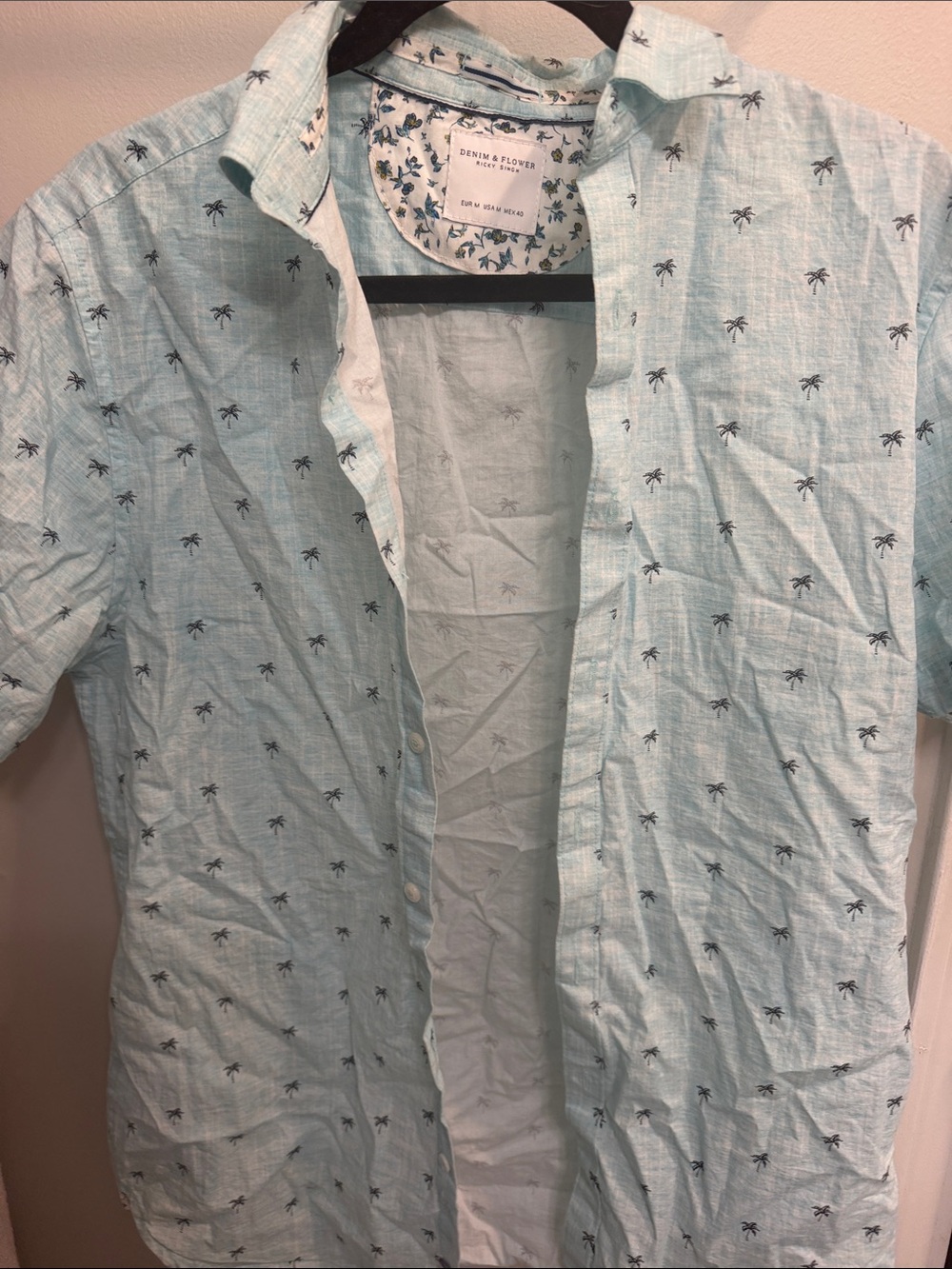 Denim & Flower Men's Mint Blue Short Sleeve Palm-Print Button-Down Shirt